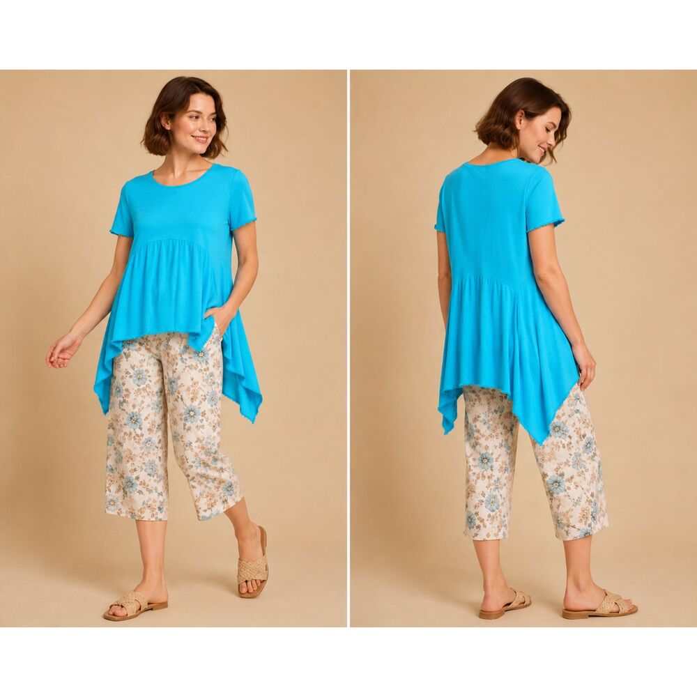 New Umgee M 8 10 Turquoise Blue Linen Blend Sharkbite Hem Oversized Tunic Top